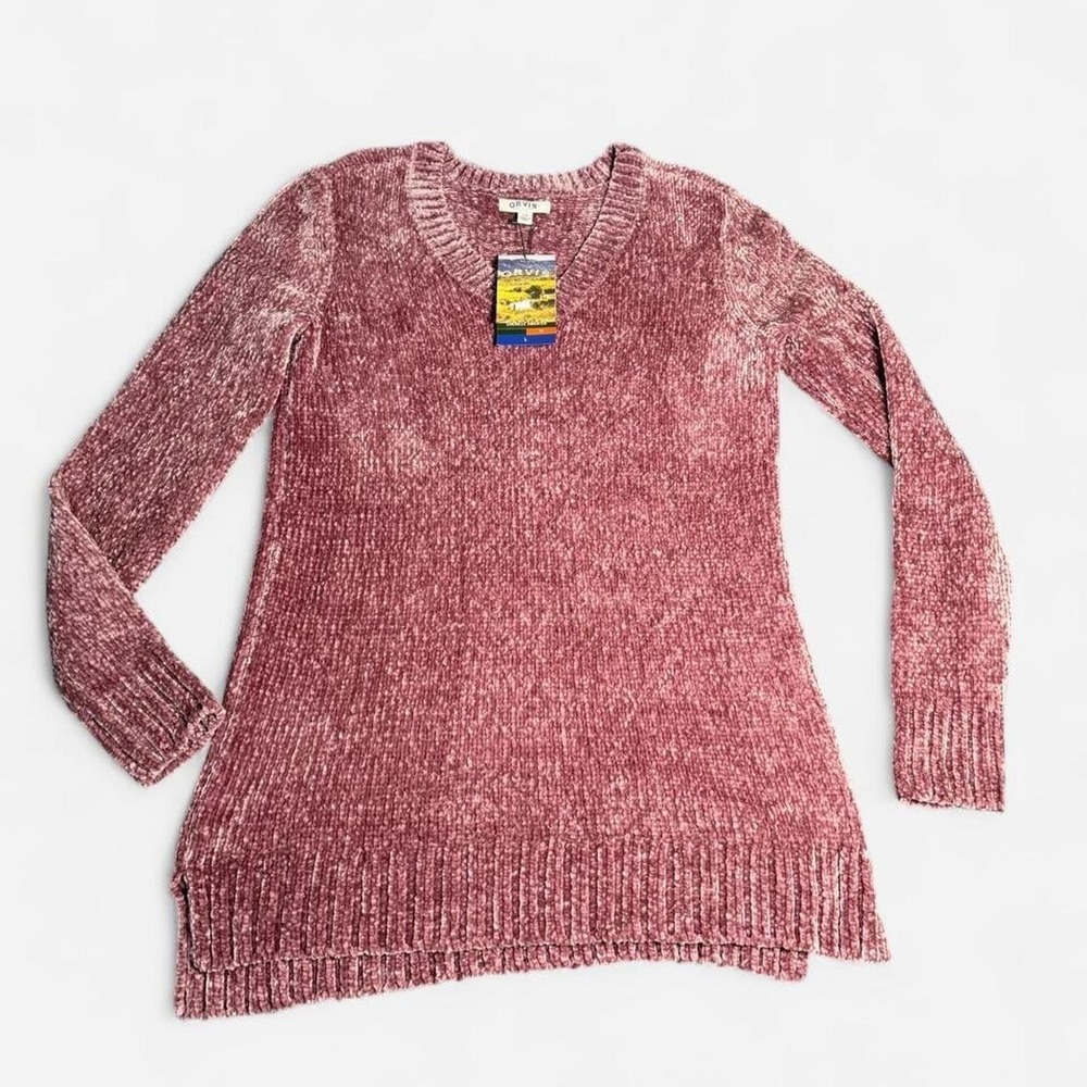 Orvis Chenille V-Neck Sweater Womens Size Large Mauve Pink Soft Plush Knit Tunic - Picture 1 of 8